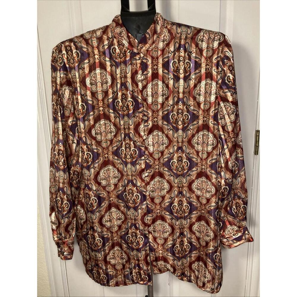 Vintage Tess Petite L Paisley Button‎ Up Blouse Fall Autumn Pleated